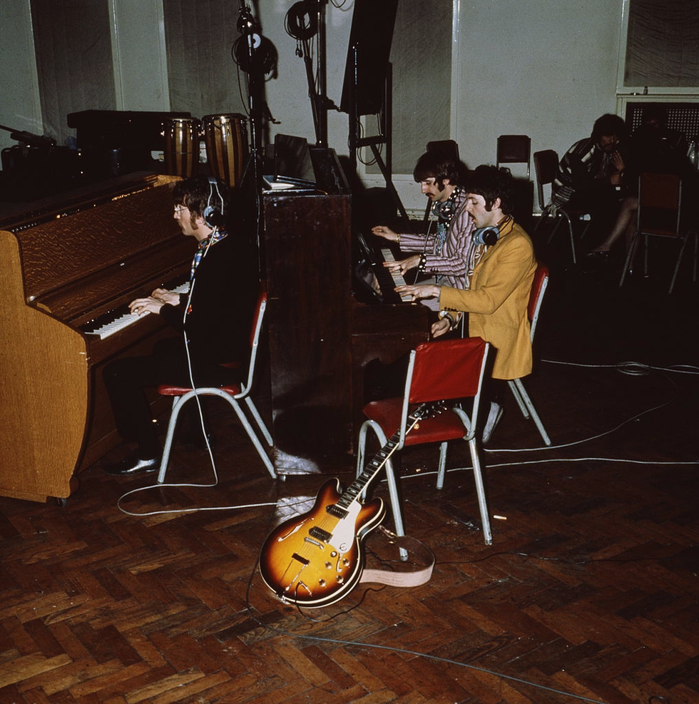 the beatles play pianos at abbey road studios, london, circa 1967 left to right john lennon 1940 1980, ringo starr and paul mccartney george harrison 1943 2001 is sitting in the background right photo by mark and colleen haywardgetty images