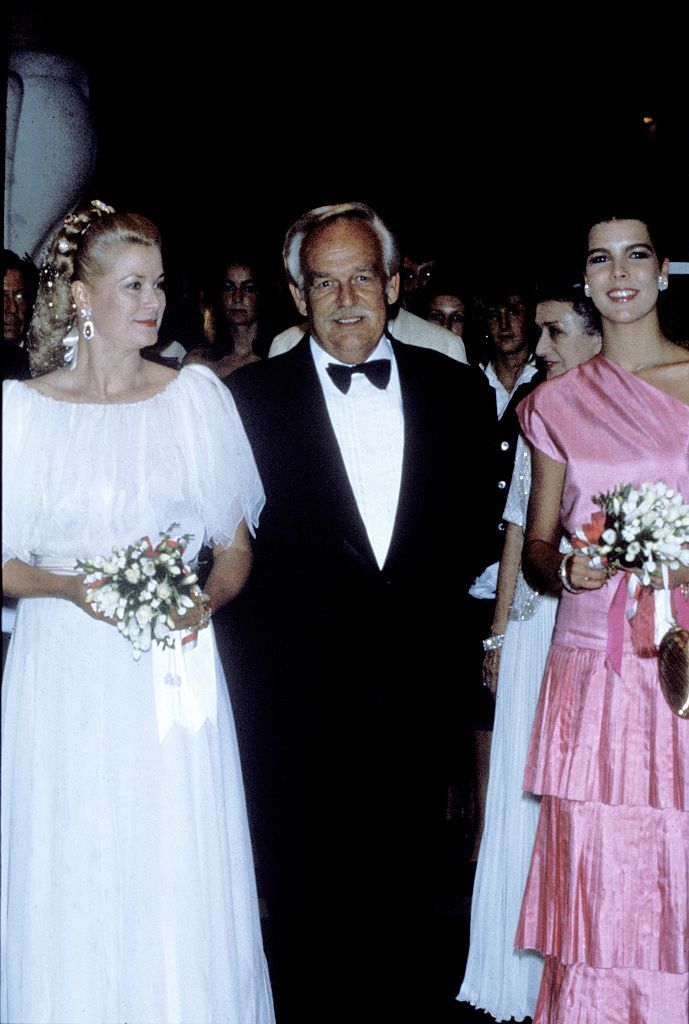 left to right princess grace, prince rainier, princess caroline of monaco at the annual rose ball bal de la rose in monaco march 1980,    photo by francis apesteguygetty images