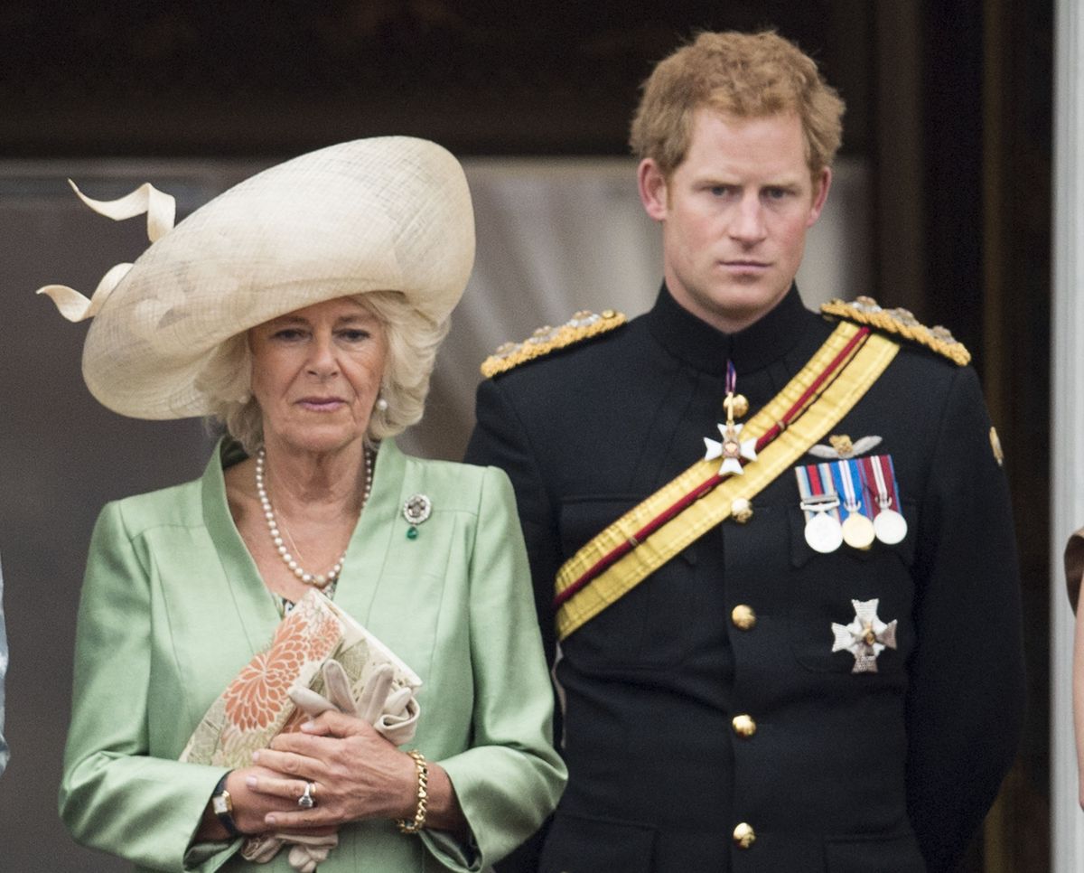 london, england june 13 camilla, duchess of cornwall and prince harry during the annual trooping the colour ceremony at buckingham palace on june 13, 2015 in london, england photo by mark cuthbertuk press via getty images