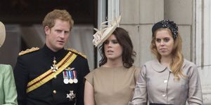 london, england   june 13  prince harry with princess  eugenie and princess beatrice  during the annual trooping the colour ceremony at buckingham palace on june 13, 2015 in london, england  photo by mark cuthbertuk press via getty images