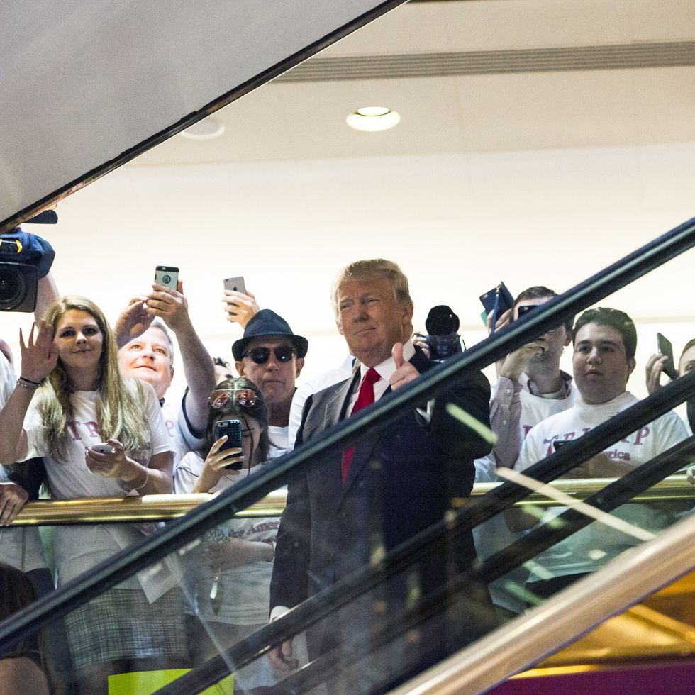 new york, ny   june 16   business mogul donald trump rides an escalator to a press event to announce his candidacy for the us presidency at trump tower on june 16, 2015 in new york city  trump is the 12th republican who has announced running for the white house  photo by christopher gregorygetty images