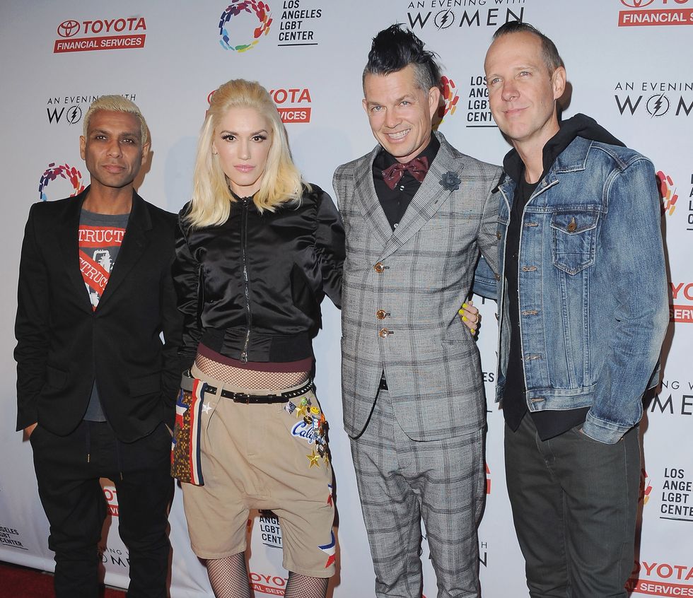 los angeles, ca   may 16  tony kanal, gwen stefani, adrian young and tom dumont of no doubt arrive at an evening with women benefitting the los angeles lgbt center at hollywood palladium on may 16, 2015 in los angeles, california  photo by jon kopalofffilmmagic