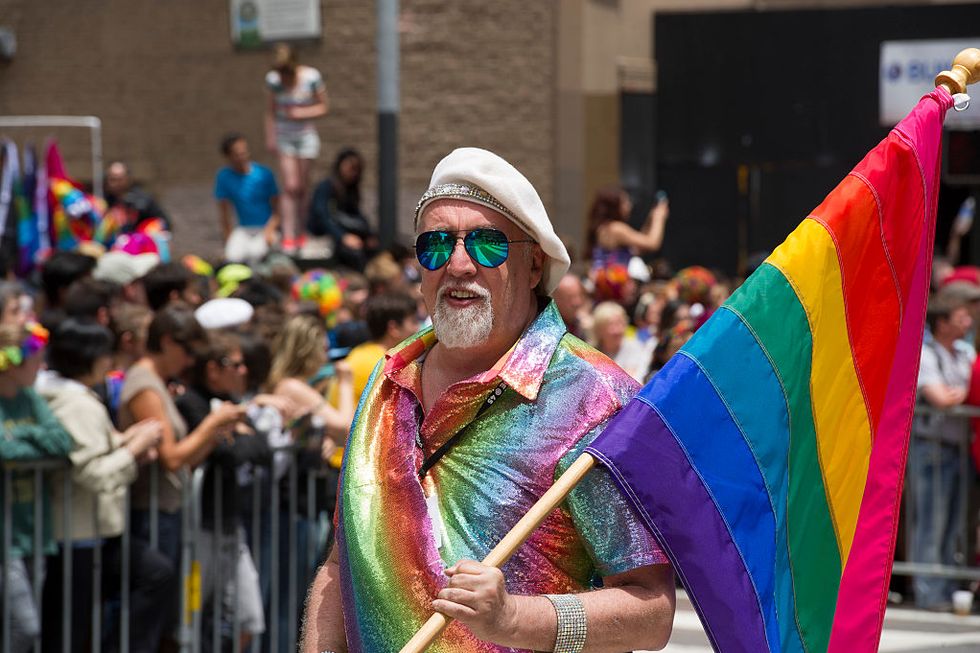 san francisco, ca   june 28  pride rainbow flag creator gilbert baker marches during the 2015 san francisco pride parade on june 28, 2015 in san francisco, california  photo by arun nevaderwireimage