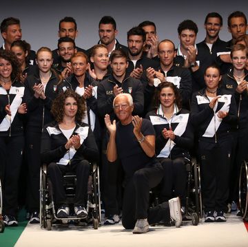 milan, italy july 01 giorgio armani and athletes pose during the presentation the rio 2016 olympic uniform designed by giorgio armani on july 1, 2015 in milan, italy photo by vincenzo lombardogetty images
