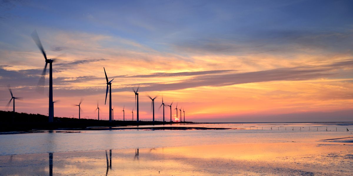 Sky, Wind turbine, Windmill, Wind farm, Reflection, Cloud, Water, Sunset, Afterglow, Evening, 