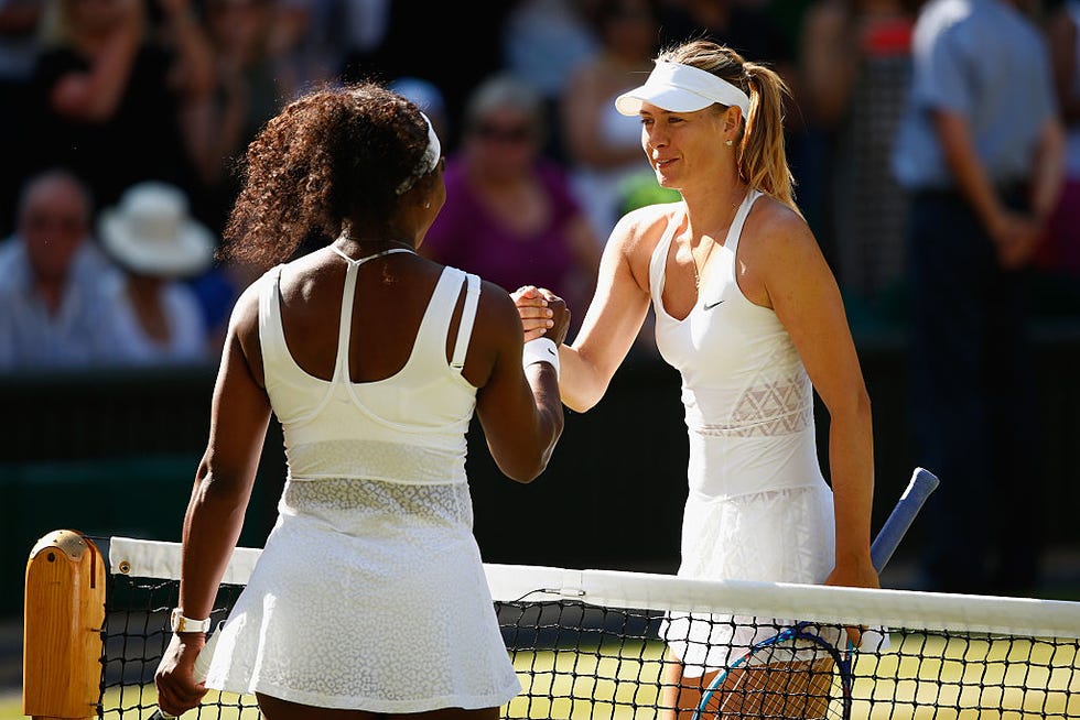 london, england july 09 serena williams of the united states celebrates at the net after winning the ladies singles semi final match against maria sharapova of russia during day ten of the wimbledon lawn tennis championships at the all england lawn tennis and croquet club on july 9, 2015 in london, england photo by julian finneygetty images