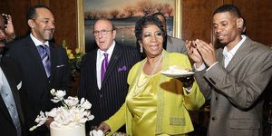new york, ny   march 22  l r actor clifton davis, clive davis, aretha franklin and son kecalf franklin attend aretha franklins 72nd birthday celebration at the ritz carlton hotel on march 22, 2014 in new york city  photo by gary gershoffwireimage