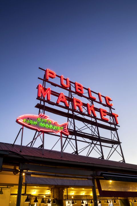 Pike Place Market Neon Signs at dusk