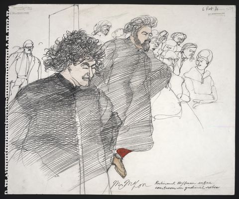jerry rubin and abbie hoffman enter the courtroom wearing judicial robes, in a courtroom illustration by franklin mcmahon during the trial of the chicago eight, chicago, illinois, late 1969 or early 1970 the eight, or seven as they were known after bobby seale was severed from the case, were indicted for conspiracy and inciting a riot during the 1968 democratic national convention in chicago, illinois seale was sentenced to four years imprisonment for contempt, john froines and lee weiner were acquitted on all charges, and the remaining five abbie hoffman, jerry rubin, david dellinger, tom hayden, and rennie davis were convicted of inciting to riot, but the convictions were overturned on appeal photo by franklin mcmahonchicago history museumgetty images