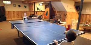 Ping pong, Racquet sport, Table tennis racket, Racket, Recreation room, Play, Floor, Individual sports, Ball game, Table, 