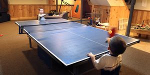 Ping pong, Racquet sport, Table tennis racket, Racket, Recreation room, Play, Floor, Individual sports, Ball game, Table, 
