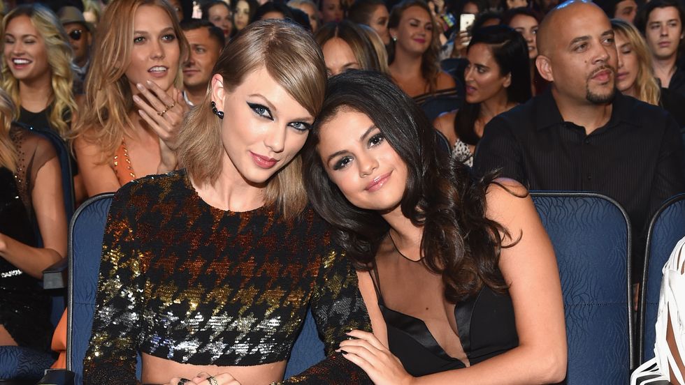 los angeles, ca august 30 singer songwriters taylor swift l and selena gomez in the audience during the 2015 mtv video music awards at microsoft theater on august 30, 2015 in los angeles, california photo by john shearergetty images