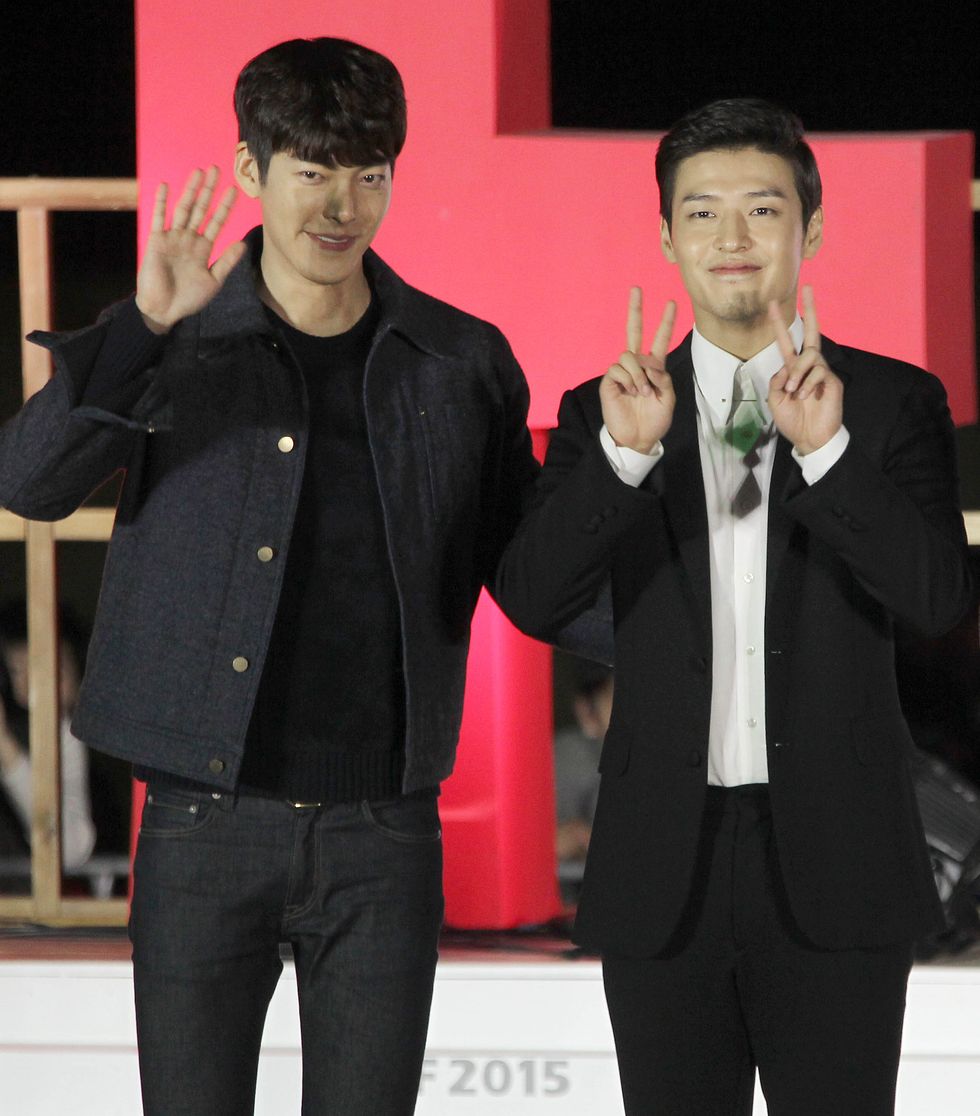 busan, south korea   october 04  kim woo bin and kang ha neul attend the greeting session for the movie twenty at biff village on october 4, 2015 in busan, south korea  photo by ilgan sportsmulti bits via getty images