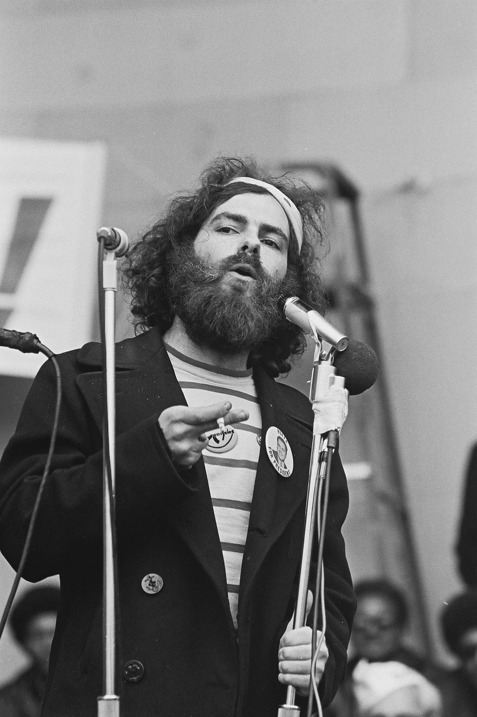 american social and political activist jerry rubin 1938   1994 speaks at an unspecified protest, circa 1970s he wears a button that reads 'hoffa for president' photo by david fentongetty images
