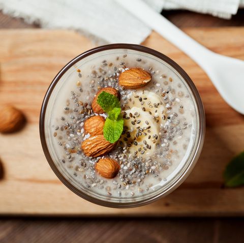 Chia seeds pudding with oat, banana and almonds with mint