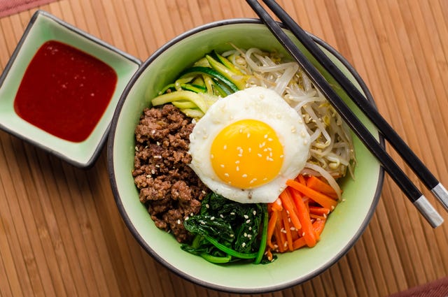 Dish, Food, Cuisine, Ingredient, Bibimbap, Produce, Comfort food, Fried egg, Meat, Meal, 