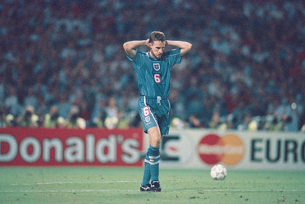 london, united kingdom june 26 england player gareth southgate reacts after missing his penalty during the penalty shoot out, during the european championship finals semi final match between england and germany at wembley, on june 26, 1996 in london, england germany won the match on penalties photo by stu forsterallsportgetty images