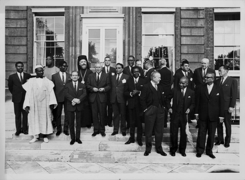 Een groepsfoto van de Commonwealth Prime Ministers Conference in Londen op 6 september 1966 Leiders van de lidstaten van het Gemenebest komen nog steeds met regelmaat bijeen tijdens de tweejaarlijkse Commonwealth Heads of Government Meeting