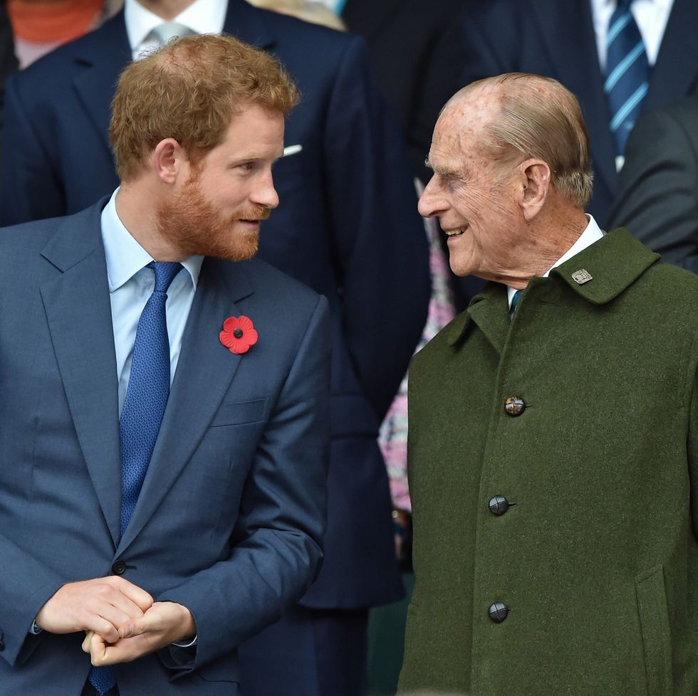 london, united kingdom   october 31 embargoed for publication in uk newspapers until 48 hours after create date and time prince harry and prince philip, duke of edinburgh attend the 2015 rugby world cup final match between new zealand and australia at twickenham stadium on october 31, 2015 in london, england photo by max mumbypoolindigogetty images