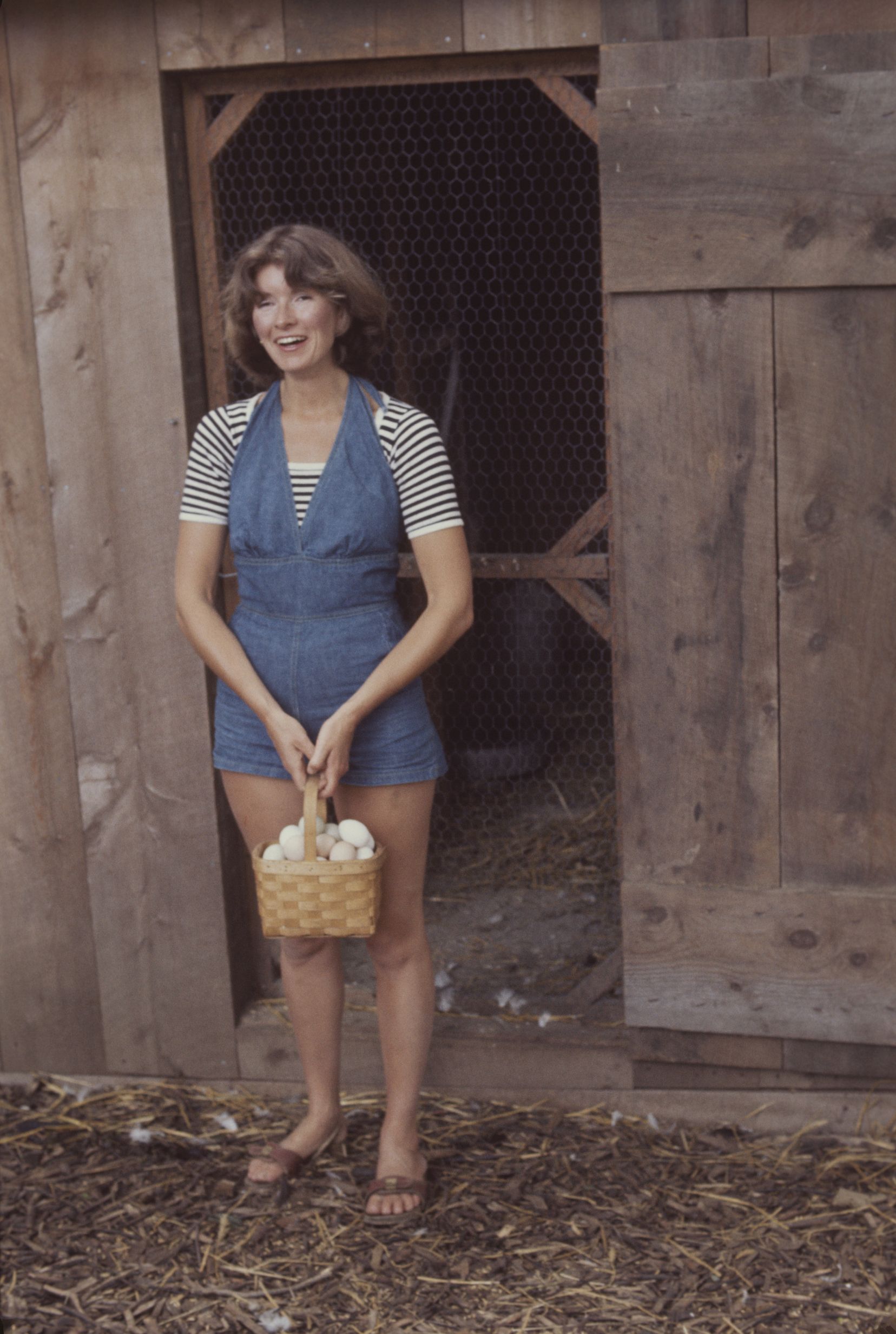 american businesswoman martha stewart carries a basket of eggs from a chicken coop on the grounds of her home,  westport, connecticut, august 1976 photo by susuan woodgetty images