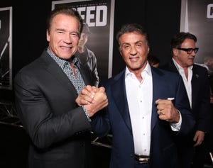 westwood, ca november 19 arnold schwarzenegger l and producer sylvester stallone attend the premiere of warner bros pictures creed at regency village theatre on november 19, 2015 in westwood, california photo by todd williamsongetty images