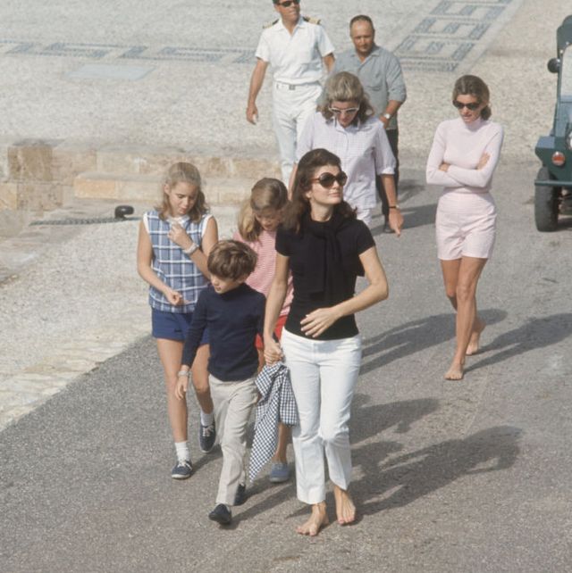 american editor and former first lady jacqueline kennedy onassis 1929   1994 front right, in dark shirt walks with her children, john jr 1960   1999 and caroline,, skorpios, greece, october 1968 among those behind them is kennedys sister lee radziwill and former sister in law pat lawford photo by bill ray the life picture collection via getty images