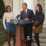 washington, dc   november 25  us president barack obama delivers remarks with his daughters sasha l and malia during the annual turkey pardoning ceremony in the rose garden at the white house  november 25, 2015 in washington, dc in a tradition dating back to 1947, the president pardons a turkey, sparing the tom    and his alternate    from becoming a thanksgiving day feast this year, americans were asked to choose which of two turkeys would be pardoned and to cast their votes on twitter  photo by chip somodevillagetty images