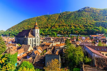 brasov, transylvania romania panoramic view of the old town center and tampa mountain