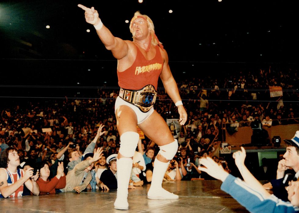 Hulk Hogan stands before his adoring audience at Maple Leaf Gardens before a joust with "Macho Man" Randy Savage, October 1985