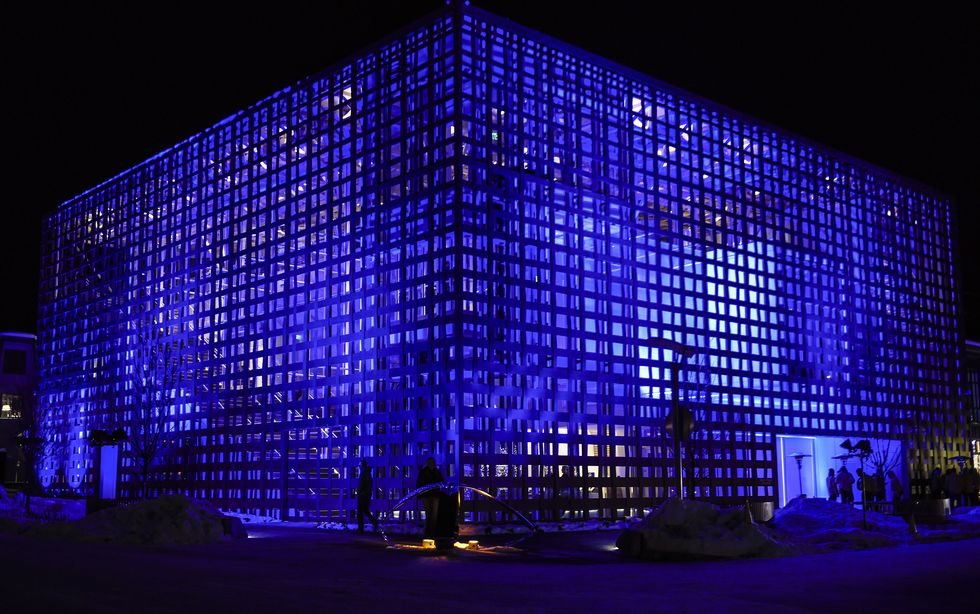 Blue, Architecture, Light, Landmark, Lighting, Building, Facade, Night, Metropolitan area, Headquarters, 