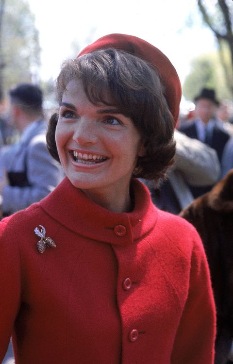 1961 first lady jackie kennedy, in red wool suit and beret designed by oleg cassini, on trip to canada  photo by leonard mccombethe life picture collection via getty images