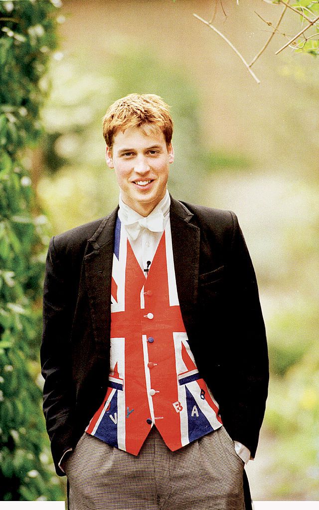 portrait of prince william, wearing a jacket over a union jack vest emblazoned with the words groovy baby, at eton college to commemorate his 18th birthday, eton, berkshire, 2000 photo by ken goffgetty images