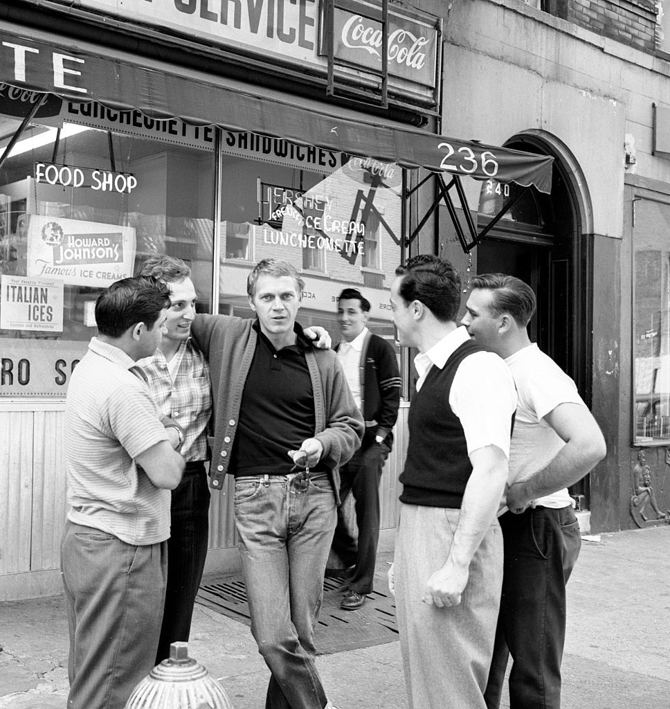 new york may 6 cbs televisions wanted dead or alive actor steve mcqueen, center looking at camera, visits his old haunts in greenwich village, ny image dated may 6, 1960 photo by cbs via getty images