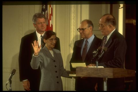 supreme court chief justice william rehnquist r swearing in new justice ruth bader ginsburg as husband martin  pres bill clinton l look on  photo by dirck halsteadthe life images collection via getty imagesgetty images