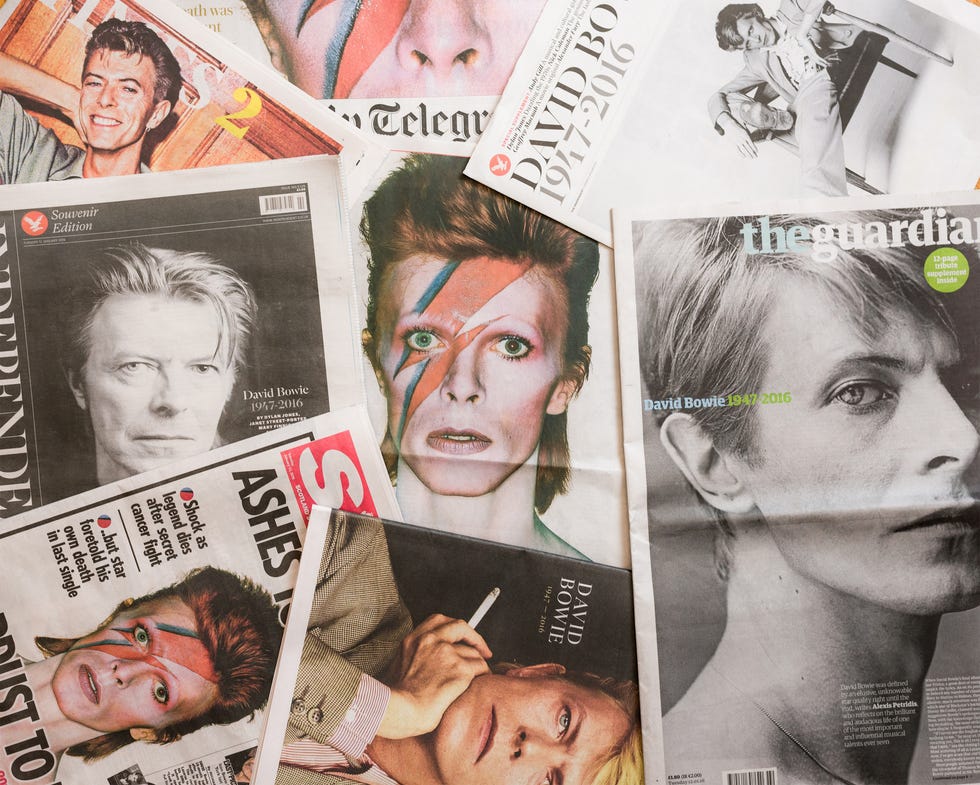 edinburgh, uk   january 12, 2016 the front pages of several british newspapers, published following the death of david bowie on 10th january 2016