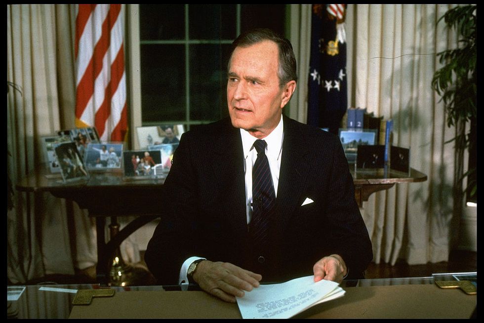 pres bush addressing nation fr wh oval office re start of op desert storm, ushering in gulf war  photo by diana walkerthe life images collection via getty images