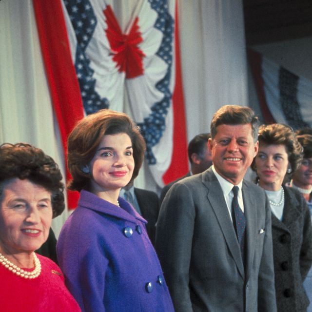 Rose Kennedy, Jackie (8-months-pregnant), President-elect John (1917 - 1963), Eunice, Pat Lawford (1924 - 2006) w. (prob.) Peter behind her on morning after Election Day.