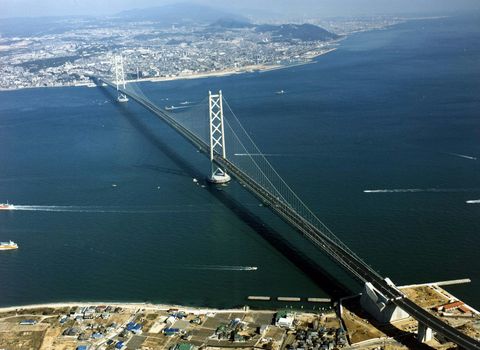 Bridge, Fixed link, Aerial photography, Suspension bridge, Infrastructure, Cable-stayed bridge, Sky, Nonbuilding structure, Photography, Channel, 