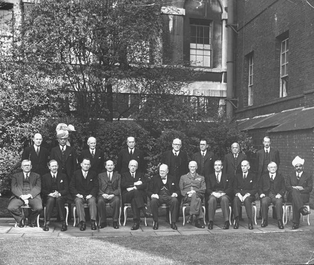 prime minister winston churchill fore, c sitting with the other leading members of the british commonwealth posing for a picture photo by bob landrythe life picture collection via getty images