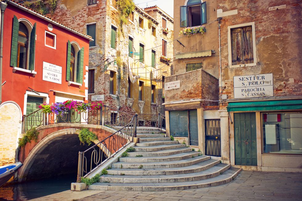 view to a street and bridge in venice, italy