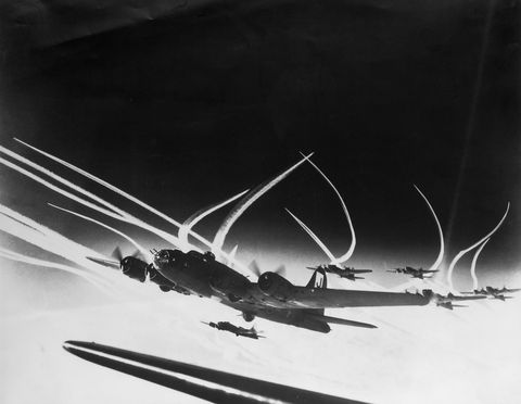squadron of b 17 bombers of the 13th wing, 390th bomb group framed by vapor trails from their fighter escorts  photo by time life picturesus air forcethe life picture collection via getty images