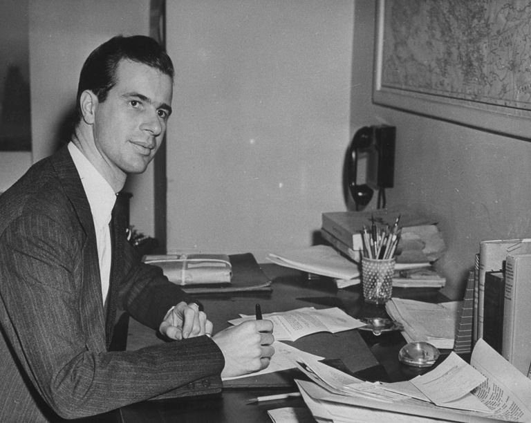 writer john hersey sitting at his desk w pen in hand, in office at time  photo by time life picturespix incthe life picture collection via getty images