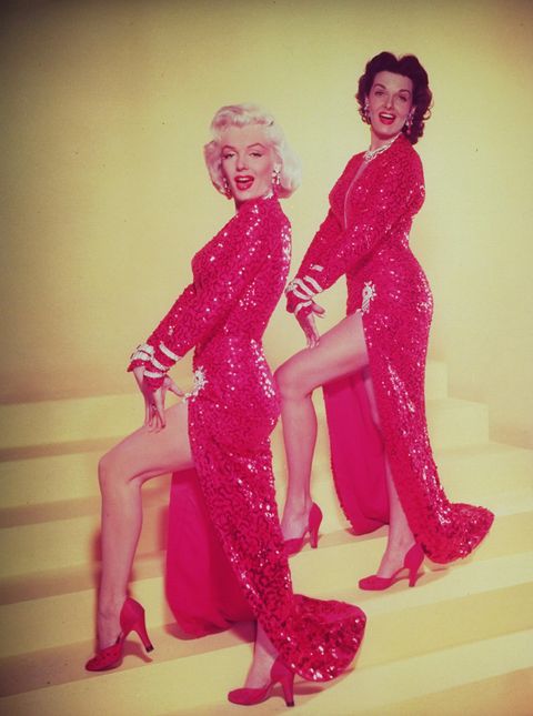 american actresses marilyn monroe 1926   1962 left and jane russell, in matching gowns designed by travilla, pose for a publicity still while filming gentlemen prefer blondes, los angeles, california, may 1953 this photograph appeared on the front cover of the may 25, 1953, issue of life magazine photo by ed clarkthe life picture collection via getty images