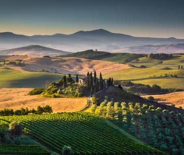 scenic tuscany landscape with rolling hills and valleys in golden morning light, val d'orcia, italy