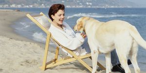 foto promocional de 2000 malibu road drew barrymore sentada en una tumbona en el mar acariciando un perro