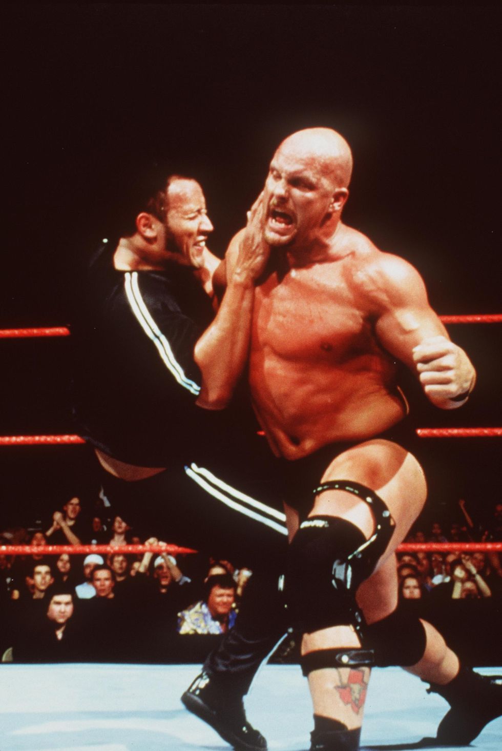 The Rock and "Stone Cold" Steve Austin during a smackdown