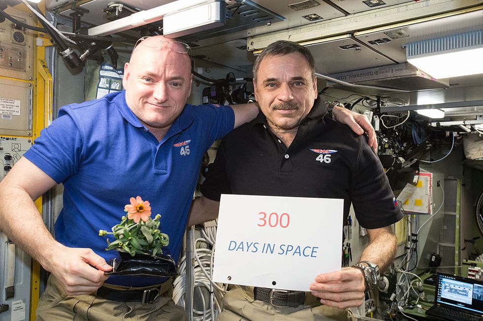in space   january 21  in this handout photo provided by nasa, one year mission crew members scott kelly of nasa left and mikhail kornienko of roscosmos right celebrated their 300th consecutive day in space on january 21, 2016 in space the pair will spend a total of 340 days aboard the international space station as scientists seek to understand what happens to the human body while in microgravity for extreme lengths of time photo by nasa via getty images