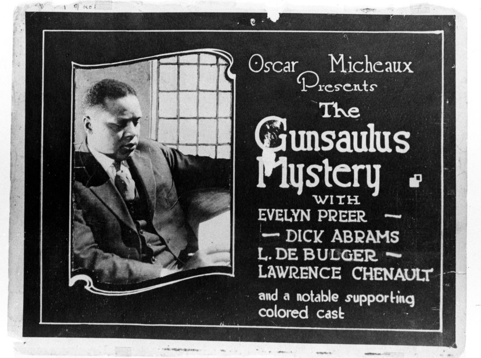 A lobby card for the 1921 silent film 'The Gunsaulus Mystery', the poster features Oscar Micheaux who was the writer and director of the film, he is regarded as the first major African-American filmmaker, the film belongs to a genre called race films which were produced for all-black audiences, 1921.