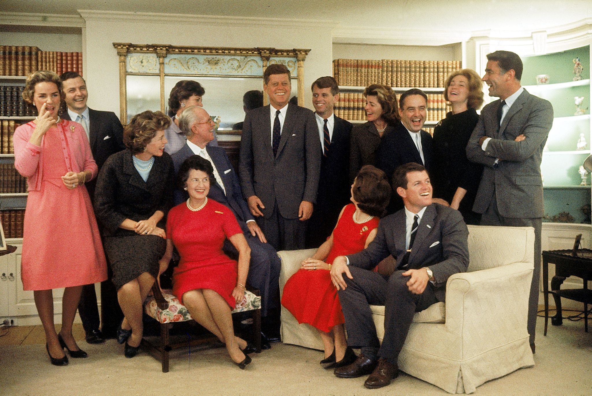 portrait of members of the kennedy family at their home on the night after john f kennedy won the 1960 us presidential election, hyannis port, massachusetts, november 9, 1960 sitting, from left, eunice shriver on chair arm, rose kennedy 1890   1995, joseph kennedy 1888   1969 on chair arm, jacqueline kennedy 1929   1994 head turned away from camera, and ted kennedy back row, from left, ethel kennedy, stephen smith 1927   1990, jean smith, american president john f kennedy 1917   1963, robert f kennedy 1925   1968, pat lawford 1924   2006, sargent shriver, joan kennedy, and peter lawford 1923   1984 photo by paul schutzerthe life picture collection via getty images