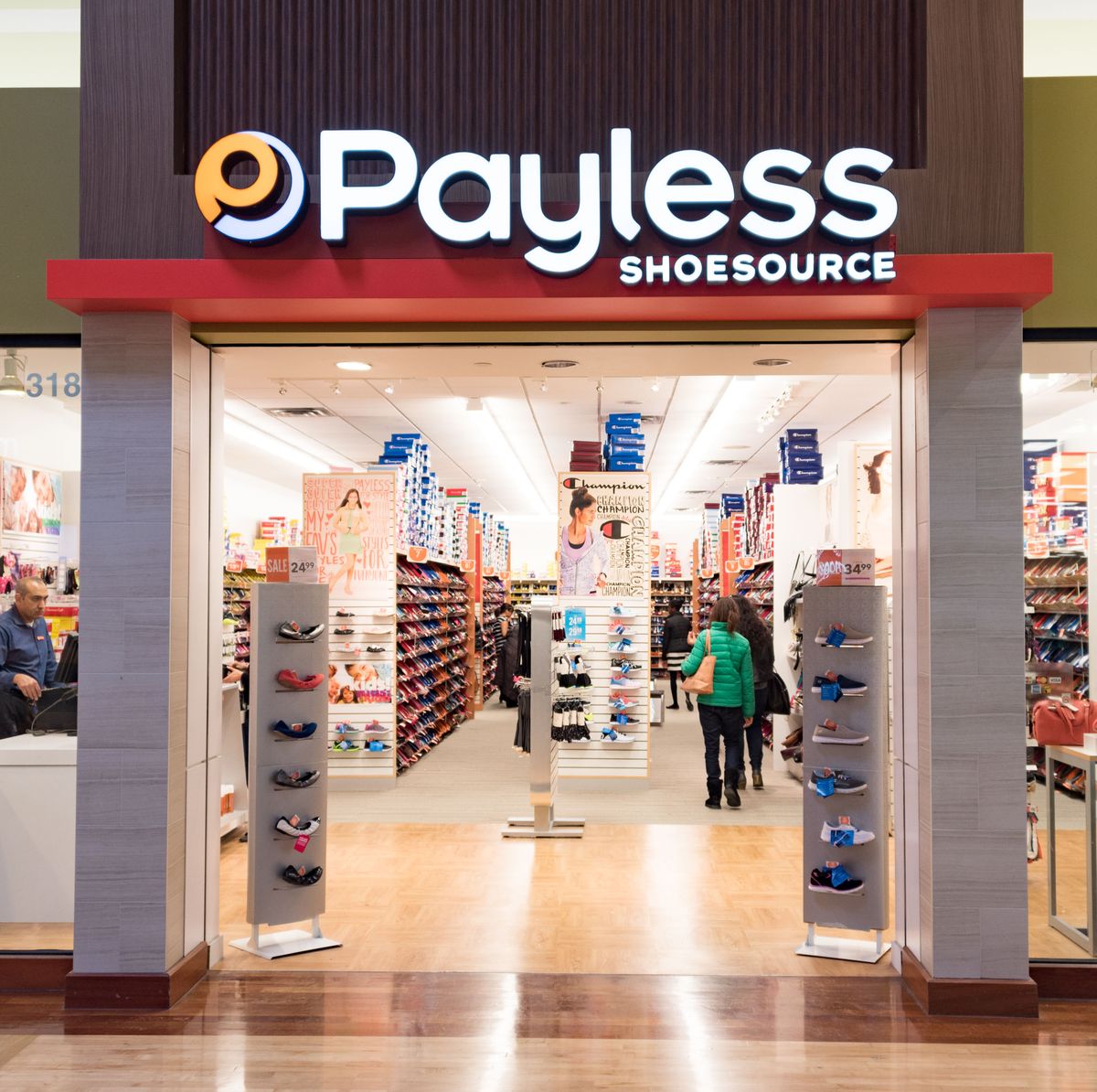 Front entrance of Payless shoe store. Payless ShoeSource is
